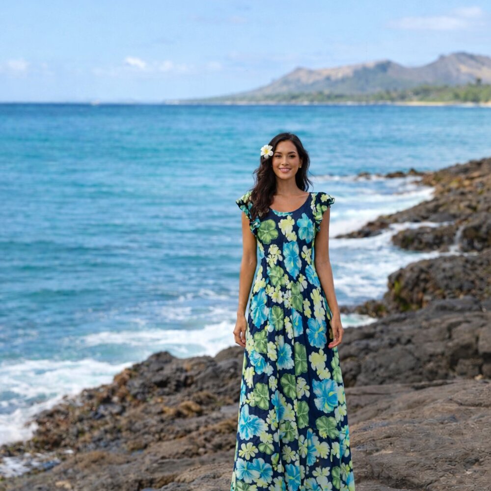 VTG Hilo Hattie Hawaiian summer maxi dress women S silk ruffle tropical island